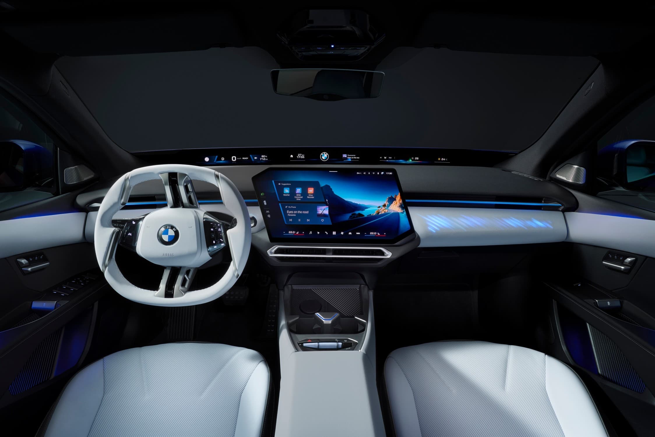 car interior dashboard panoramic windshield display futuristic
