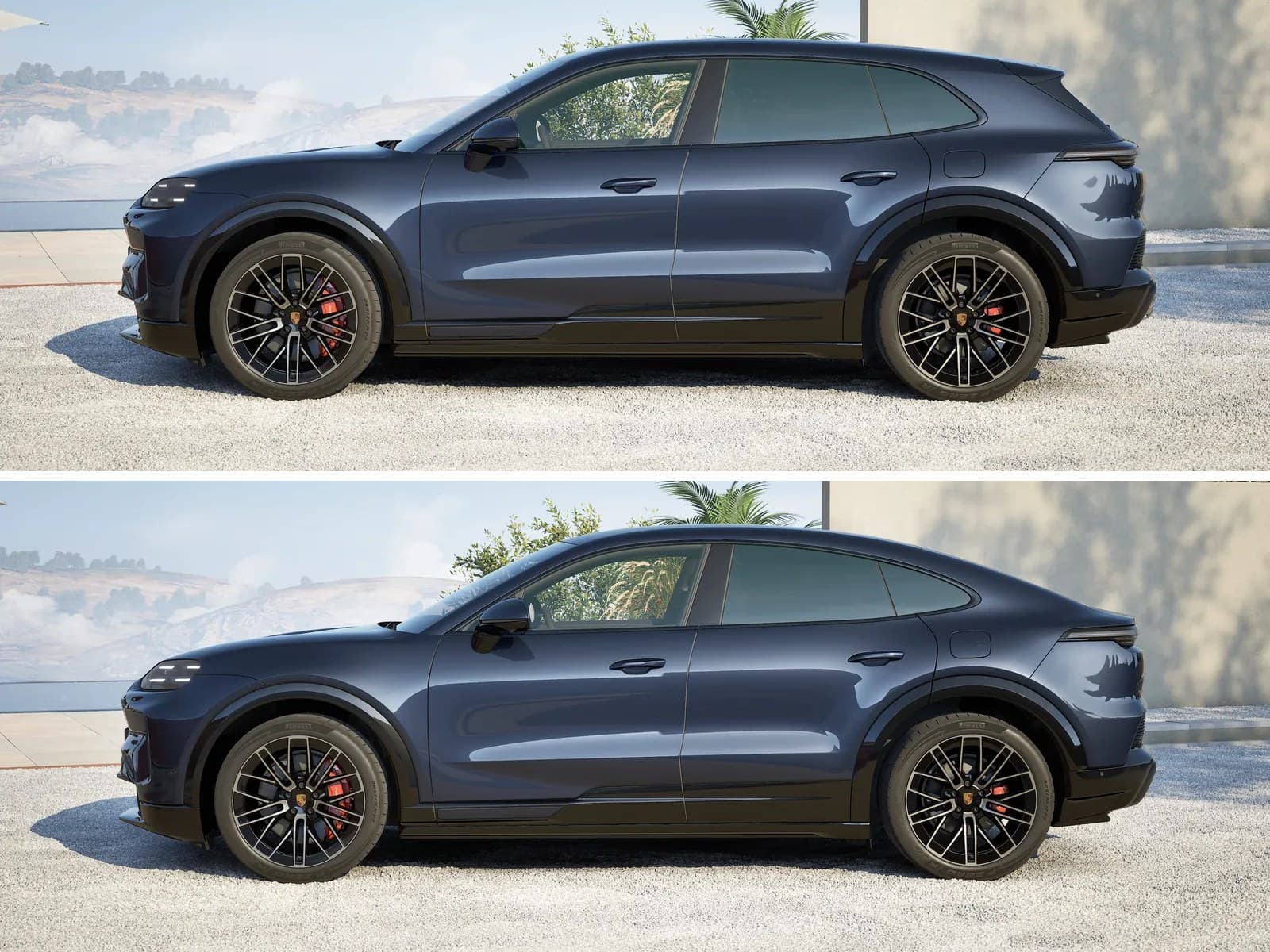 Le Porsche Cayenne S Electric de profil, en SUV et en Coupé